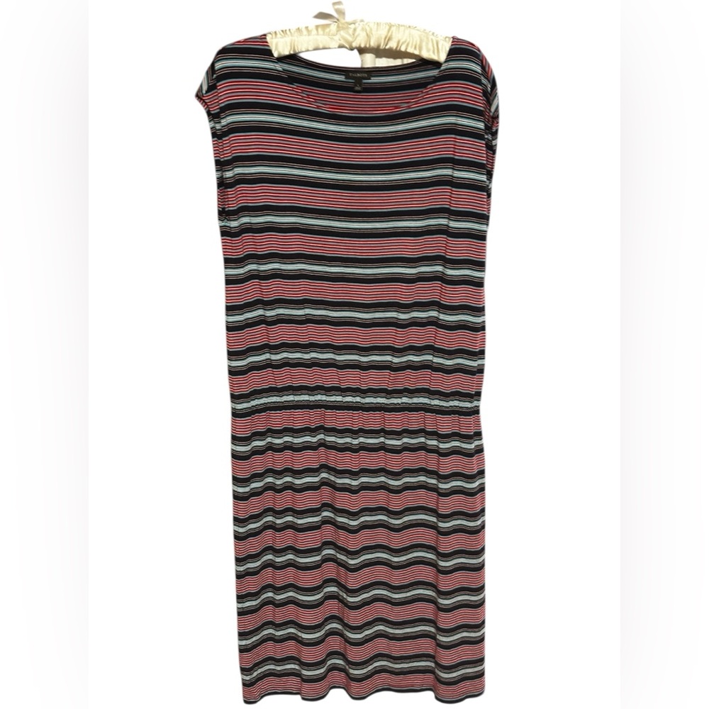 TALBOTS Striped Elastic Waist Dress‎ Navy Red Turquoise Cap Sleeve Large